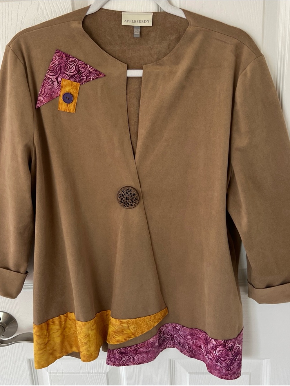 Appleseed's Brown Suede-Look Blazer with Purple & Mustard Trim Women’s Size XL